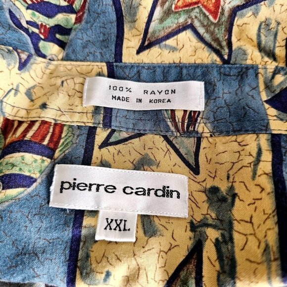 80s-90s Pierre Cardin Hawaiian Shirt Fish Pattern Collared Mens 2XL Blue Multi - Picture 3 of 10